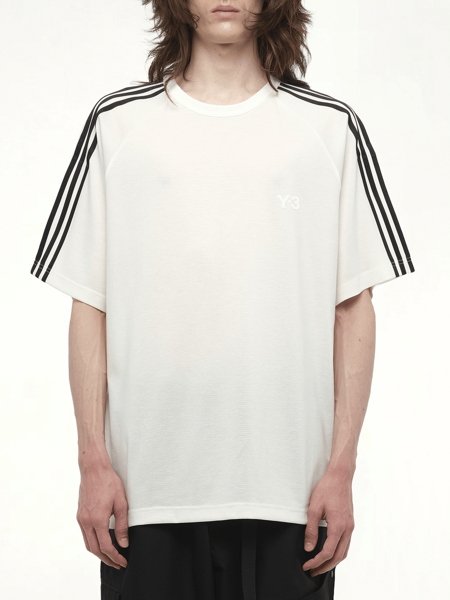 Image of a model wearing Shorts. Productname: Y-3 Wire Stripe Short Sleeve T-Shirt in White colour by brand - Y-3
