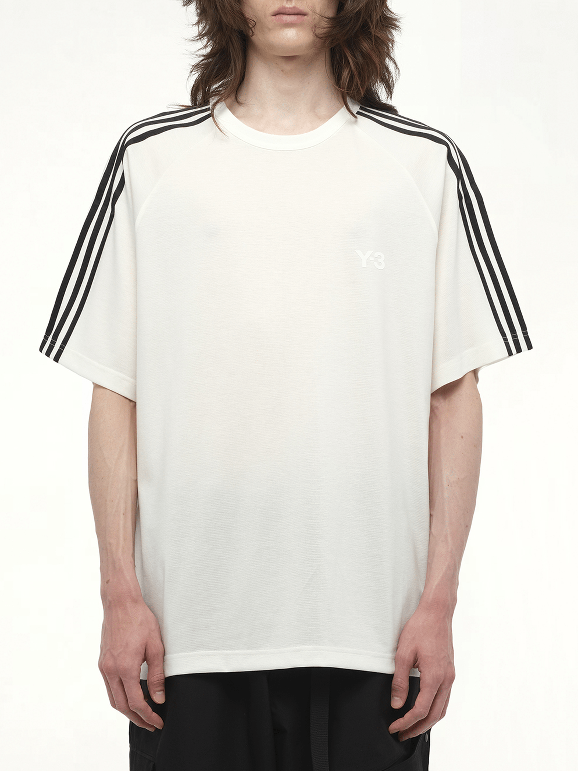 Image of a model wearing Shorts. Productname: Y-3 Wire Stripe Short Sleeve T-Shirt in White colour by brand - Y-3