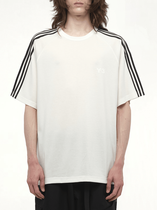 Image of a model wearing Shorts. Productname: Y-3 Wire Stripe Short Sleeve T-Shirt in White colour by brand - Y-3