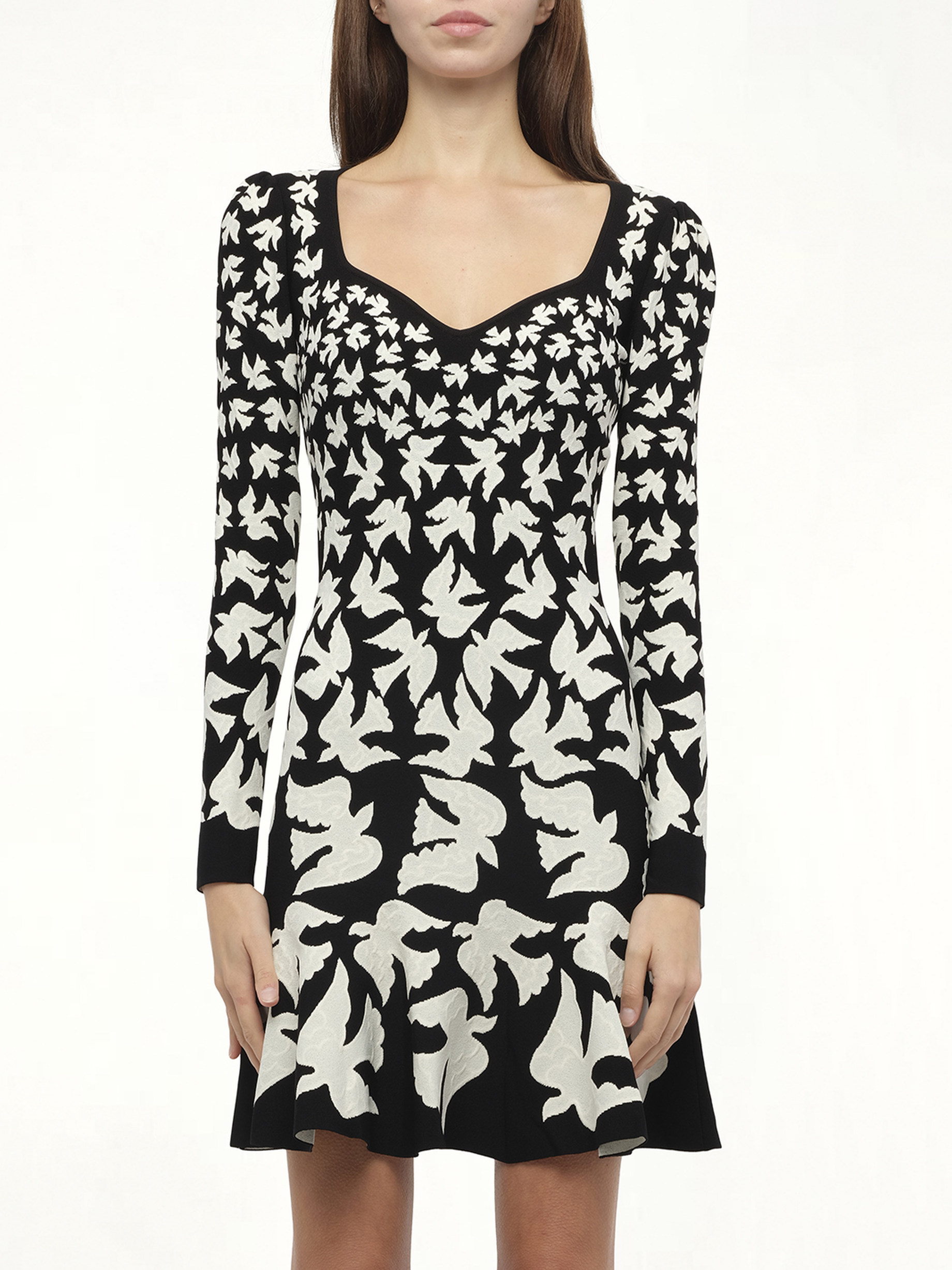 Image of a model wearing Dress. Productname: ALEXANDER MCQUEEN Knit Dress Birds in Black White colour by brand - ALEXANDER MCQUEEN