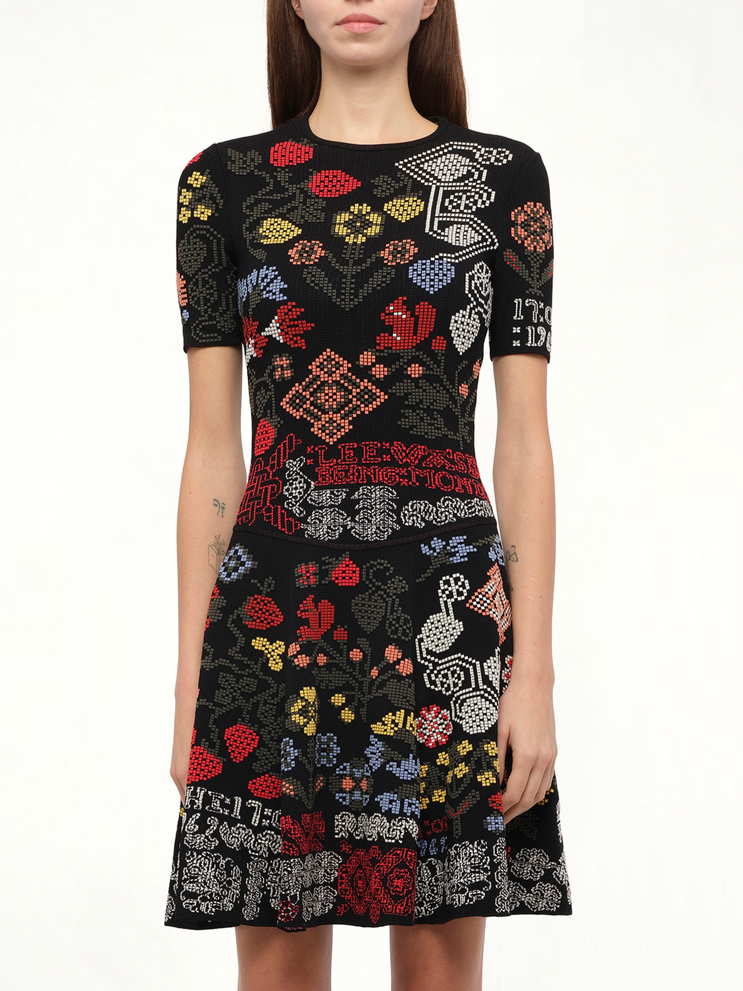 Image of a model wearing Dress. Productname: ALEXANDER MCQUEEN Knit Dress in Multi colour by brand - ALEXANDER MCQUEEN