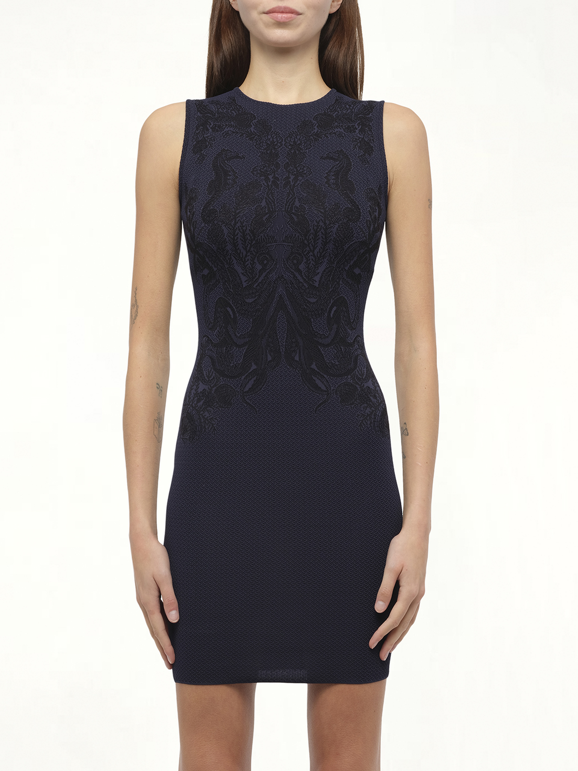 Image of a model wearing Dress. Productname: ALEXANDER MCQUEEN Nk Pencil Mini Dress in Blue colour by brand - ALEXANDER MCQUEEN