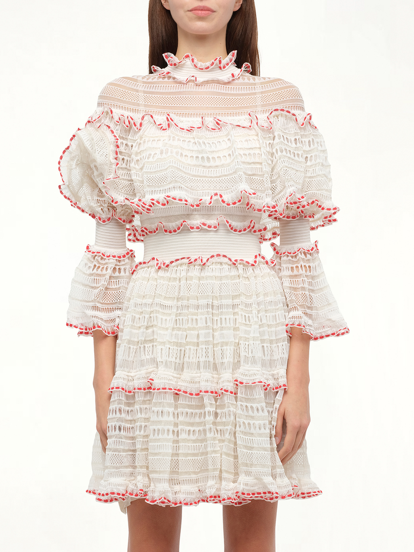 Image of a model wearing Dress. Productname: ALEXANDER MCQUEEN AMQ - Volume Lace Mini Dress in White Pink colour by brand - ALEXANDER MCQUEEN