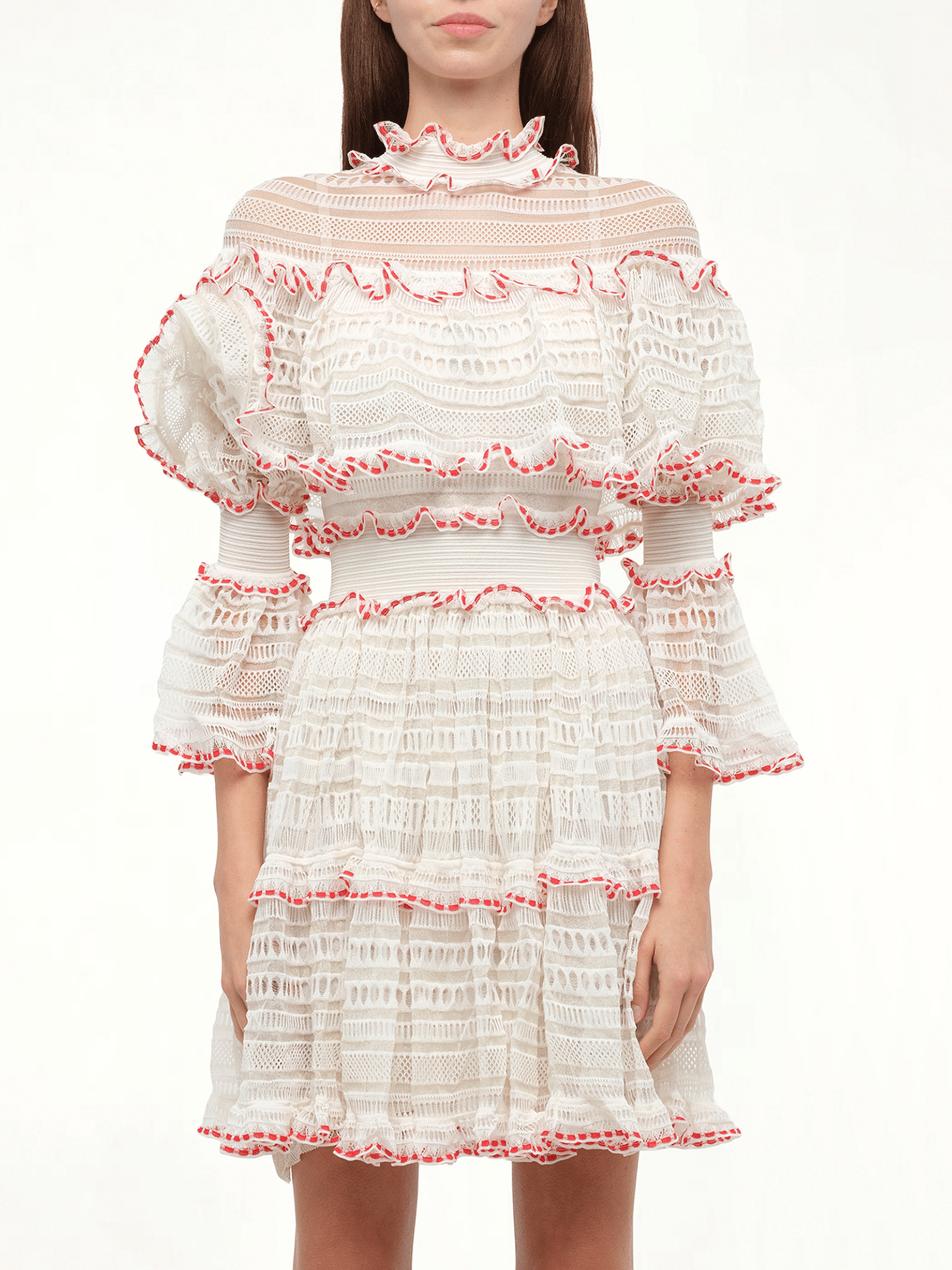 Image of Dresses. Product name - AMQ Volume Lace Mini Dress in White colour by brand - ALEXANDER MCQUEEN