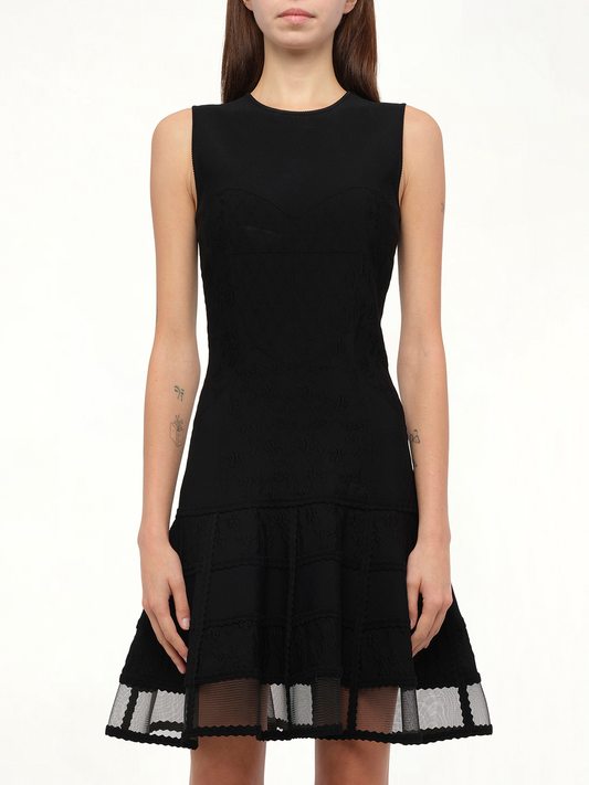 Image of a model wearing Dress. Productname: ALEXANDER MCQUEEN Patchwork Mini Dress in Black colour by brand - ALEXANDER MCQUEEN