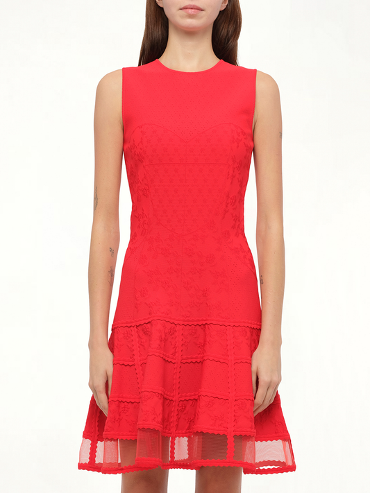 Image of a model wearing Dress. Productname: ALEXANDER MCQUEEN Patchwork Mini Dress in Red colour by brand - ALEXANDER MCQUEEN