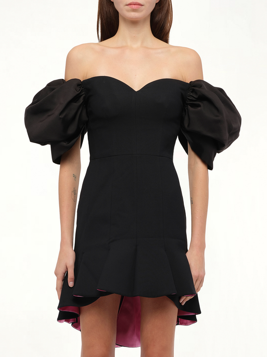 Image of a model wearing Dress. Productname: ALEXANDER MCQUEEN Wool Silk Dress in Black colour by brand - ALEXANDER MCQUEEN