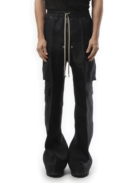 Image of a model wearing Pants. Productname: RICK OWENS Silk Cargobelas in BLACK colour by brand - RICK OWENS