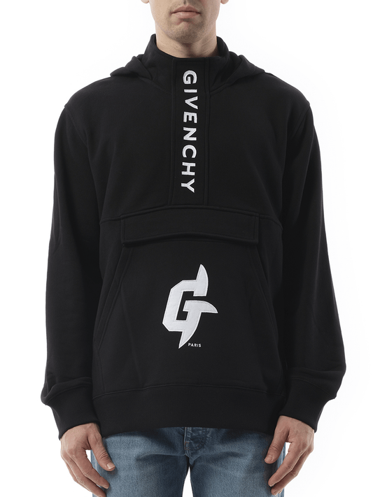 Image of a model wearing Outerwear. Productname: GIVENCHY G Rider Hoodie in BLACK colour by brand - GIVENCHY