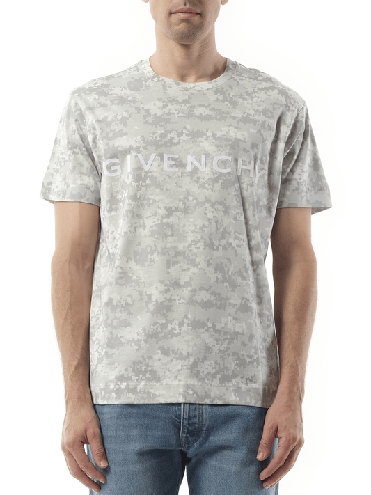 Image of a model wearing Tops. Productname: GIVENCHY Camo All Over T-Shirt in GREY colour by brand - GIVENCHY