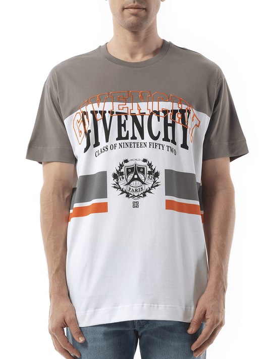 Image of a model wearing Tops. Productname: GIVENCHY College Print Stripes Logo T-Shirt in GREY colour by brand - GIVENCHY