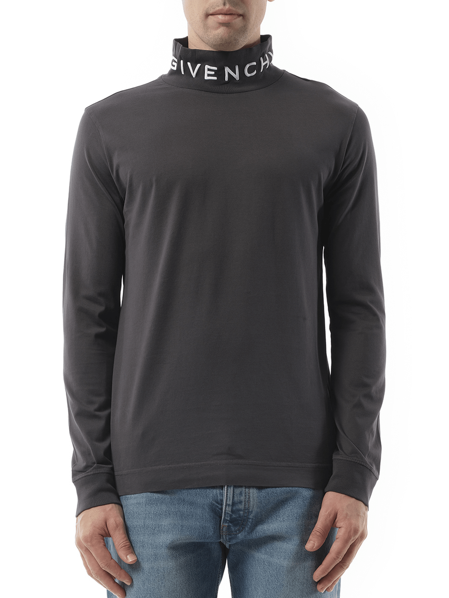 Image of a model wearing Tops. Productname: GIVENCHY Faded Logo Dyed Long Sleeve T-Shirt in BLACK colour by brand - GIVENCHY