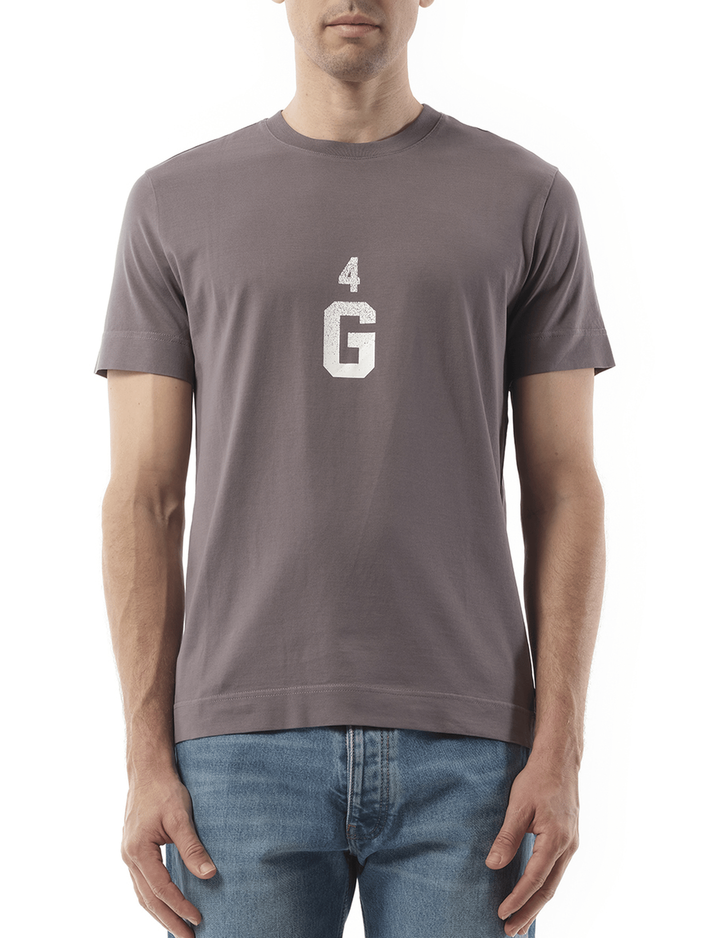 Image of a model wearing Tops. Productname: GIVENCHY Four G Dyed Logo T-Shirt in GREY colour by brand - GIVENCHY