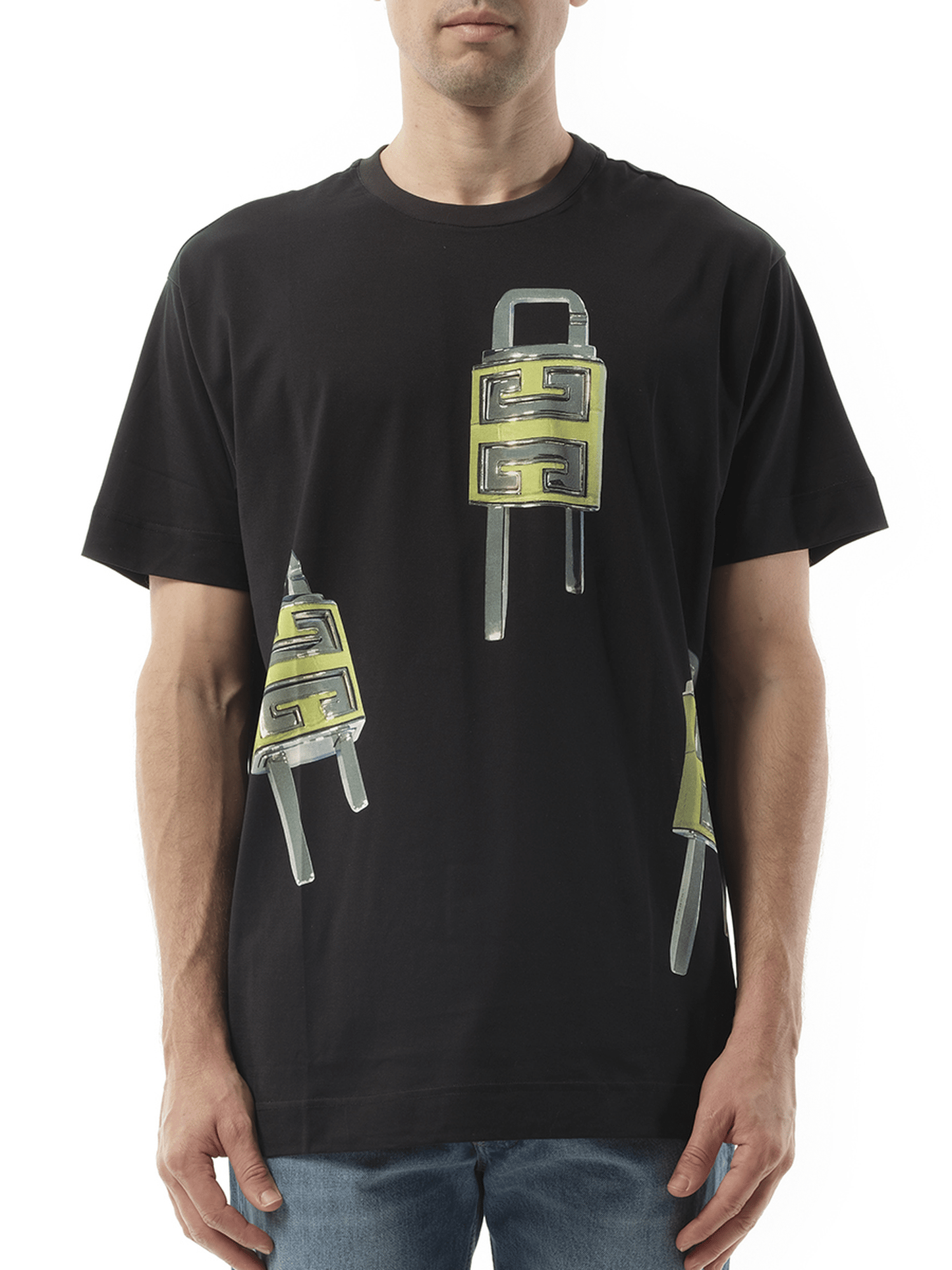 Image of a model wearing Tops. Productname: GIVENCHY U-Lock Print T-Shirt in BLACK colour by brand - GIVENCHY