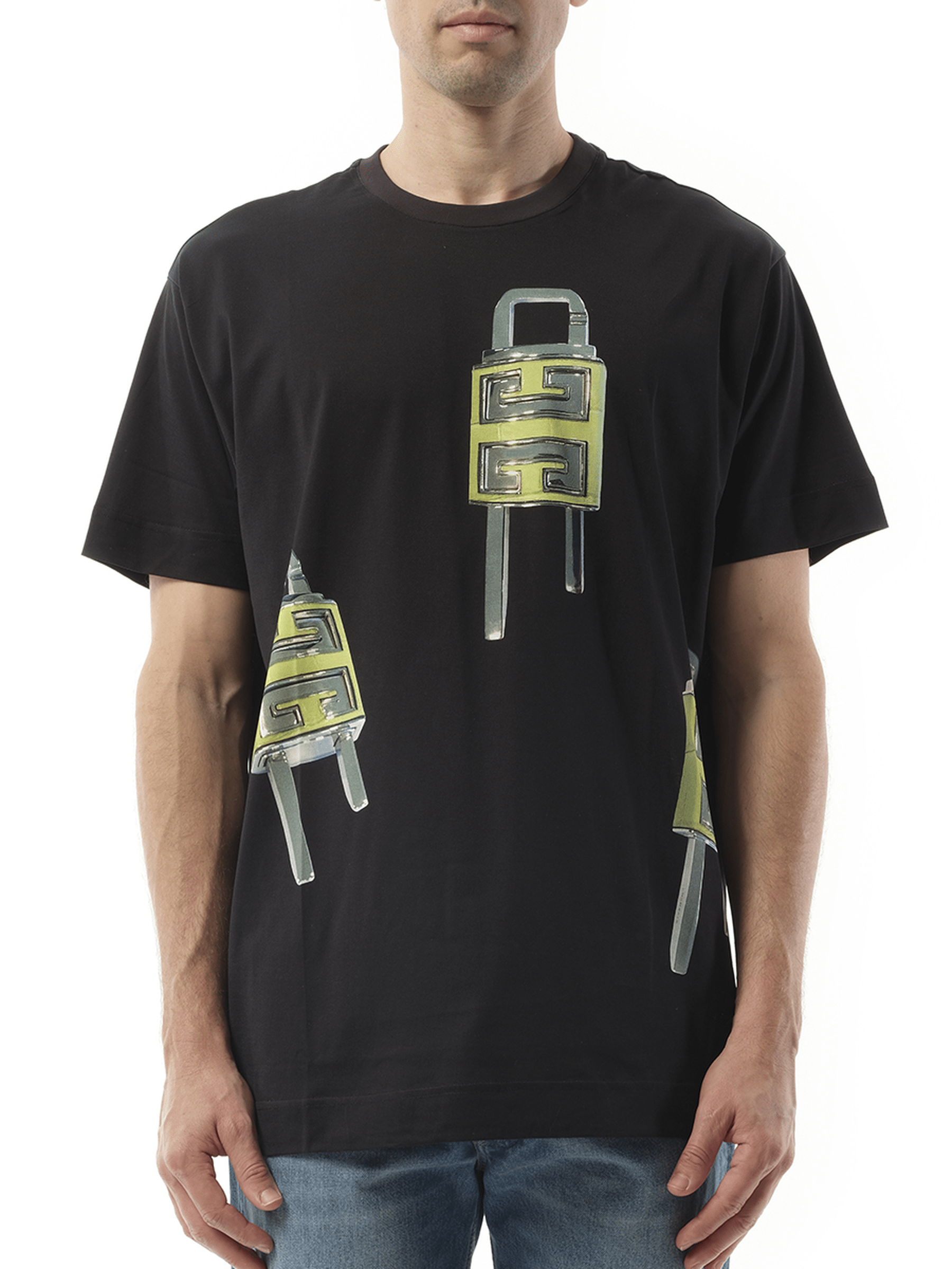 Image of a model wearing Tops. Productname: GIVENCHY U-Lock Print T-Shirt in BLACK colour by brand - GIVENCHY