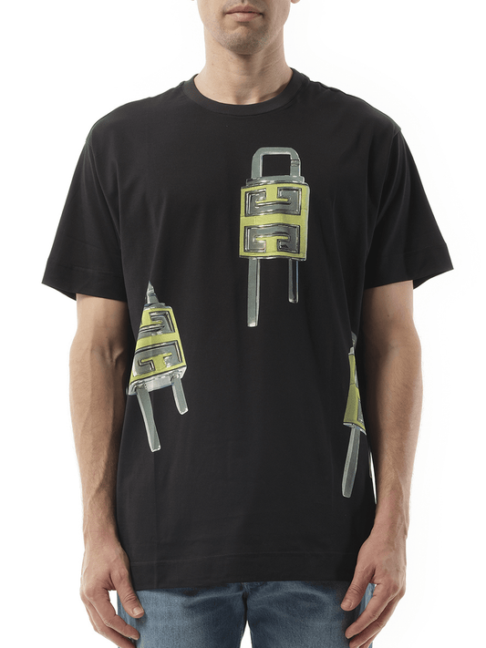 Image of a model wearing Tops. Productname: GIVENCHY U-Lock Print T-Shirt in BLACK colour by brand - GIVENCHY