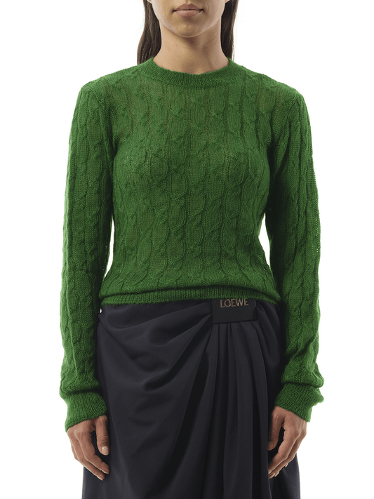 Image of a model wearing Outerwear. Productname: LOEWE Knit Sweater in Green colour by brand - LOEWE