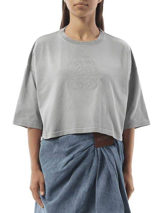 Image of a model wearing Tops. Productname: LOEWE Cropped Anagram T-Shirt in GREY colour by brand - LOEWE