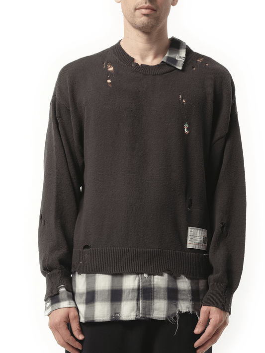 Image of a model wearing Outerwear. Productname: MAISON MIHARA YASUHIRO Layered Knit Pullover in BLACK colour by brand - MAISON MIHARA YASUHIRO