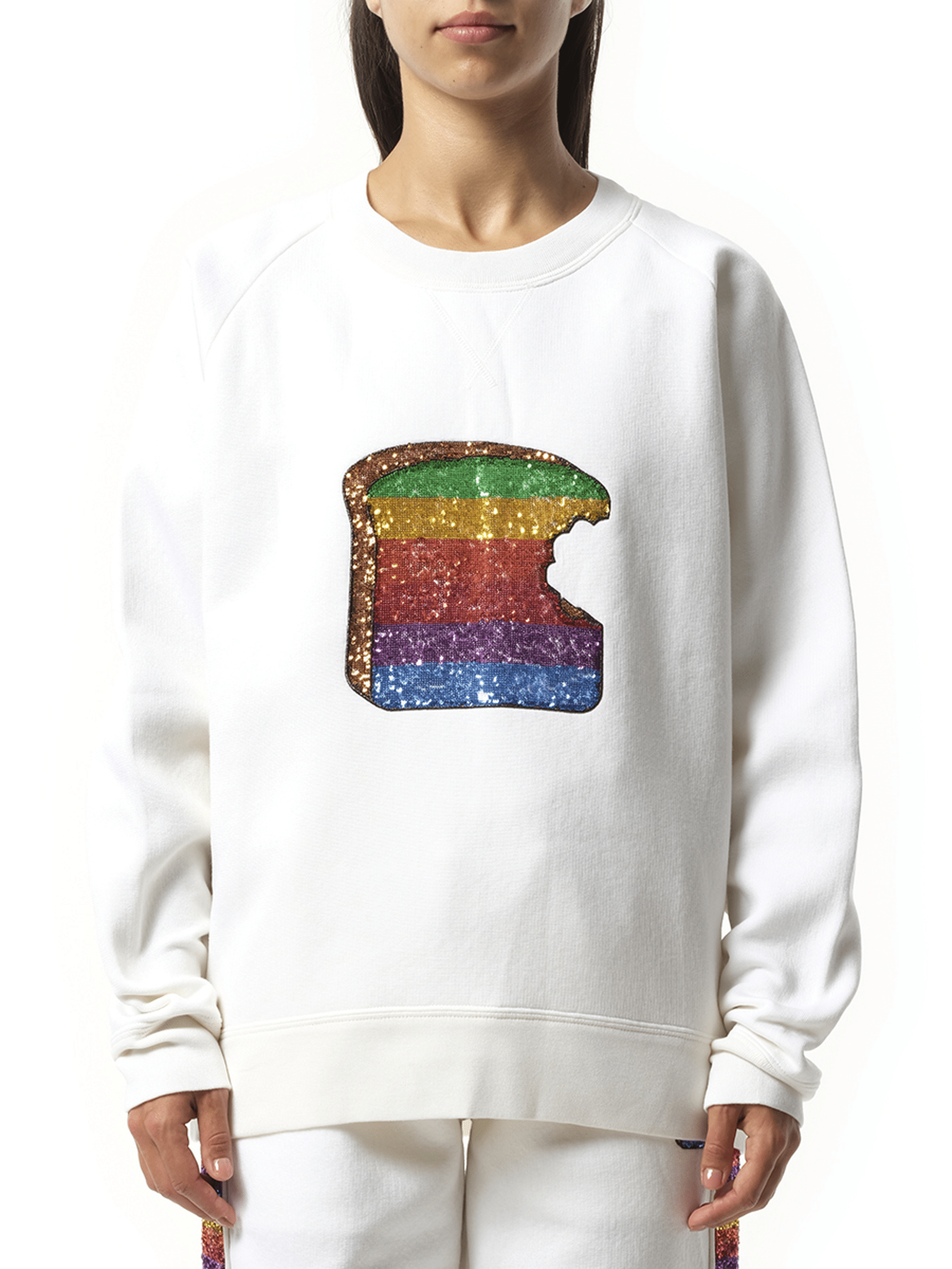 Image of a model wearing Outerwear. Productname: MARC JACOBS Long Sleeve Crew Sweatshirt in White colour by brand - MARC JACOBS