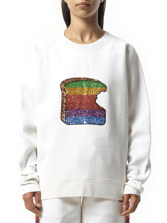 Image of a model wearing Outerwear. Productname: MARC JACOBS Long Sleeve Crew Sweatshirt in White colour by brand - MARC JACOBS