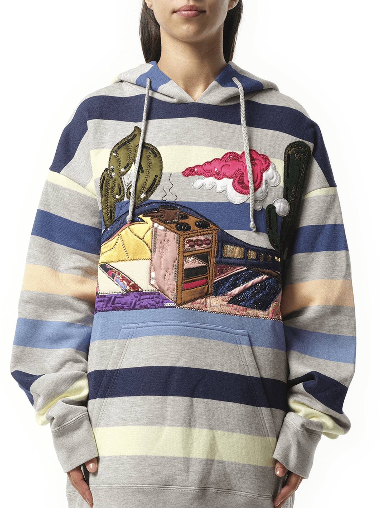 Image of a model wearing Outerwear. Productname: MARC JACOBS Long Sleeve Hooded Sweatshirt in Navy colour by brand - MARC JACOBS