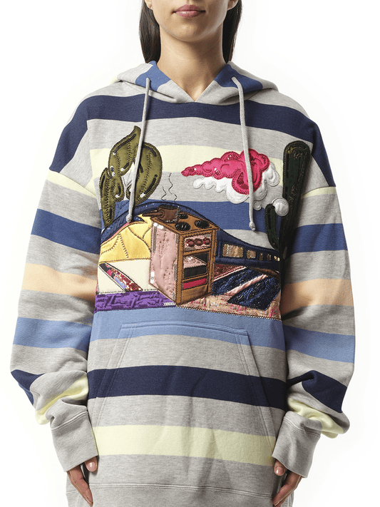 Image of a model wearing Outerwear. Productname: MARC JACOBS Long Sleeve Hooded Sweatshirt in Navy colour by brand - MARC JACOBS