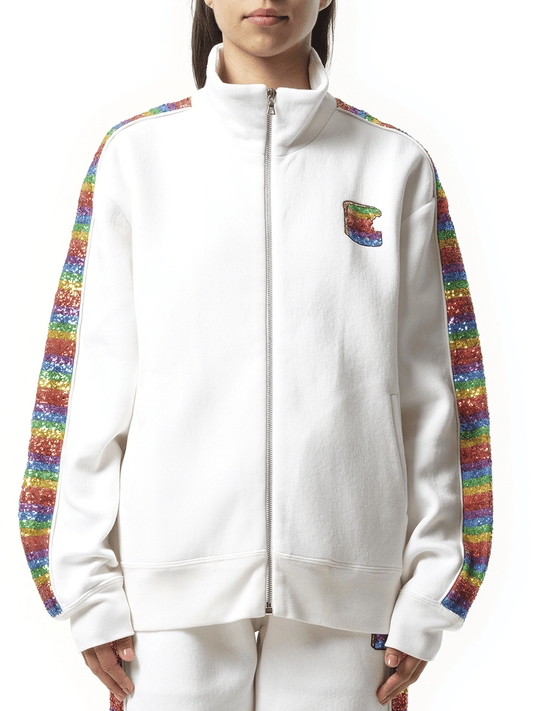 Image of a model wearing Outerwear. Productname: MARC JACOBS Long Sleeve Zip Sweatshirt in White colour by brand - MARC JACOBS