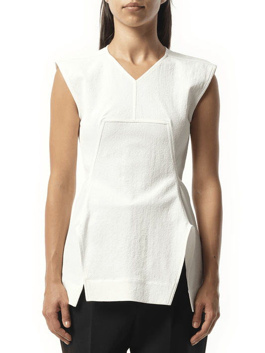 Image of a model wearing Tops. Productname: RICK OWENS RO - V Neck Top in WHITE colour by brand - RICK OWENS