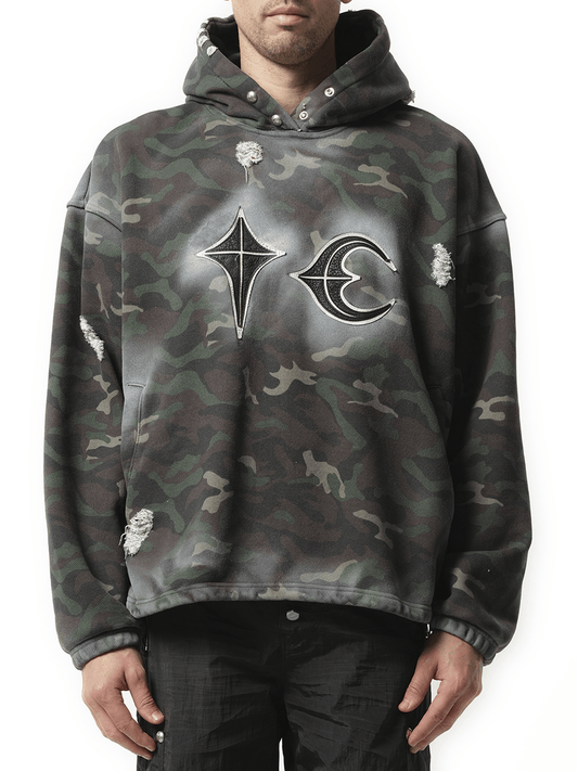 Image of a model wearing Outerwear. Productname: THUG CLUB Sprayed Camoflage Rock Hoodie in GREEN colour by brand - THUG CLUB