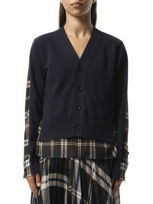 Image of a model wearing Outerwear. Productname: SACAI Plaid Print x Knit Cardigan in GREEN colour by brand - SACAI