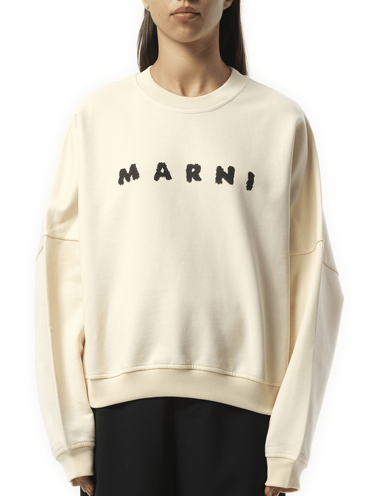 Image of a model wearing Outerwear. Productname: MARNI Logo Sweatshirt in WHITE colour by brand - MARNI