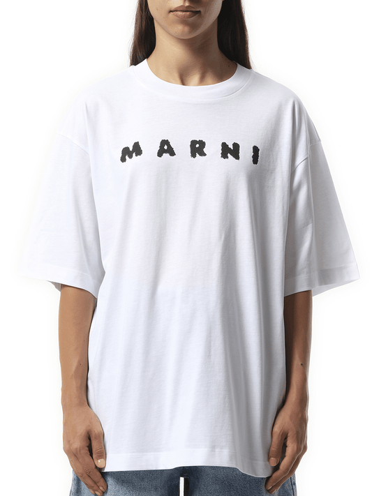 Image of a model wearing Tops. Productname: MARNI Boxy Logo T-Shirt in WHITE colour by brand - MARNI