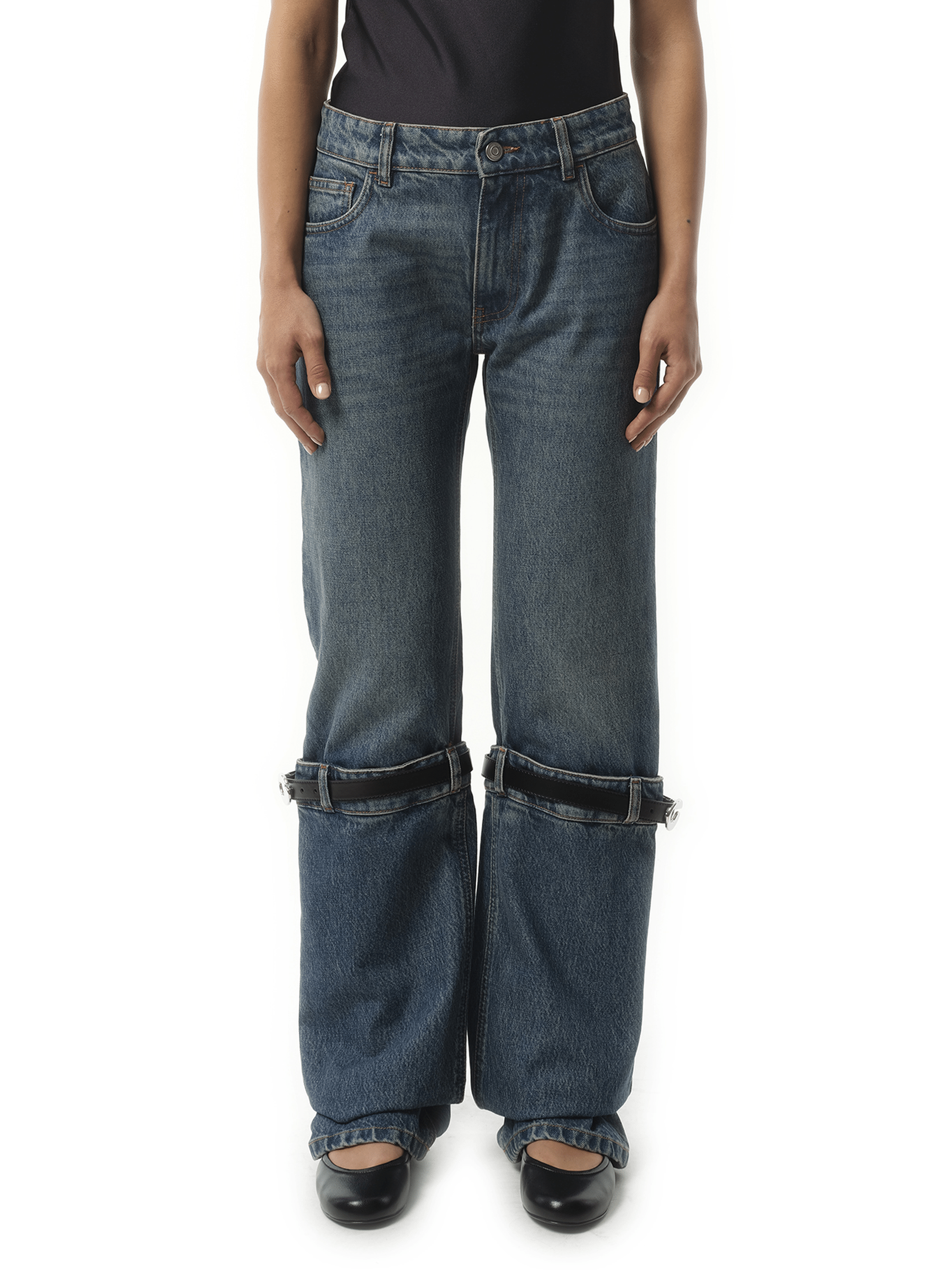 Image of a model wearing Denim. Productname: COPERNI Hybrid Denim Pants in Blue Vintage colour by brand - COPERNI