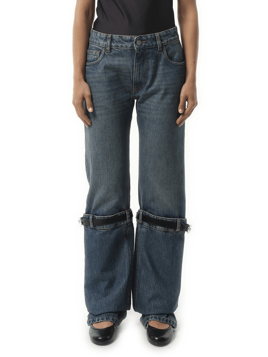 Image of a model wearing Denim. Productname: COPERNI Hybrid Denim Pants in Blue Vintage colour by brand - COPERNI