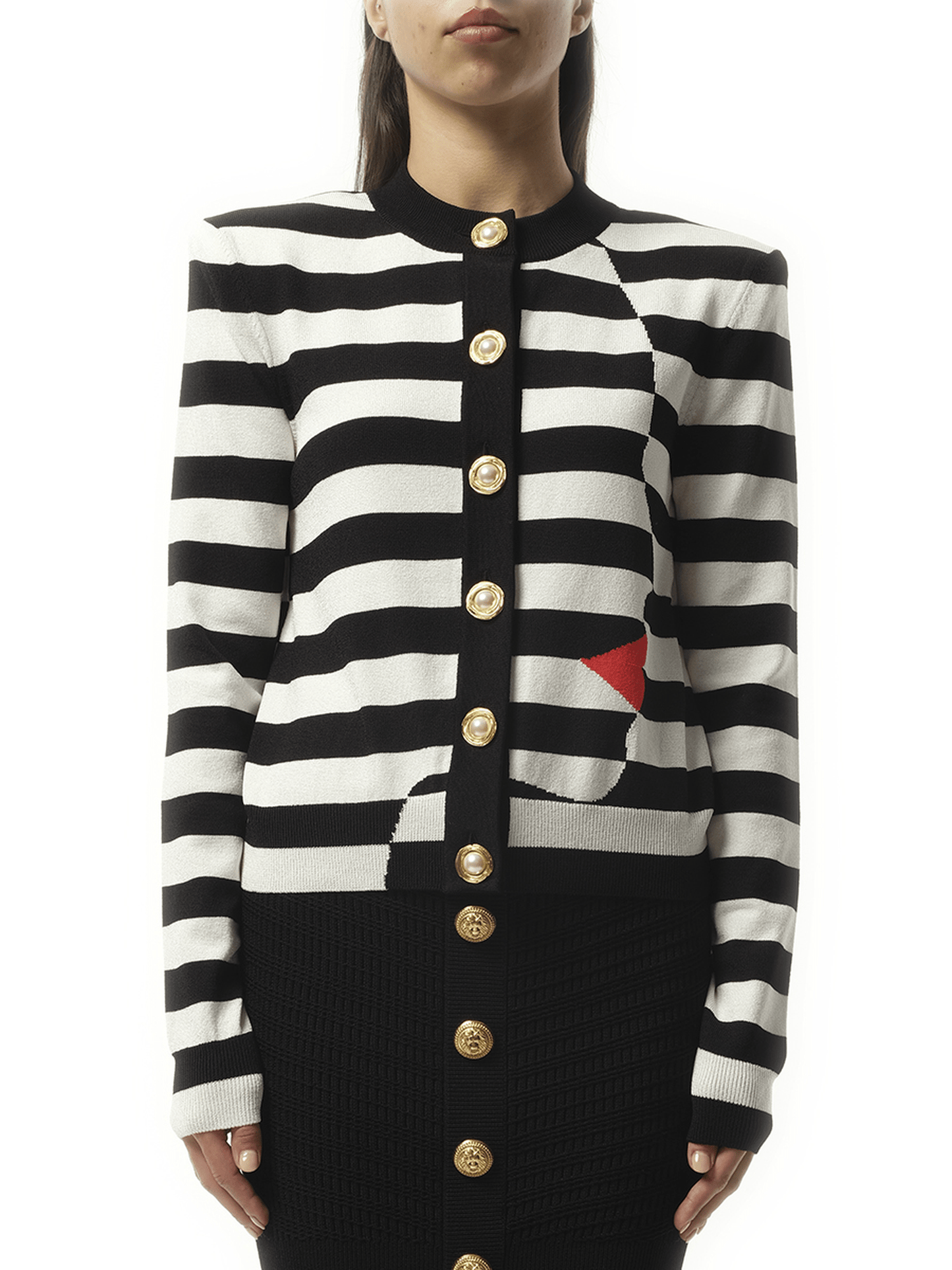 Image of a model wearing Outerwear. Productname: BALMAIN Buttoned Face Mariniere Knit Cardigan in Black White colour by brand - BALMAIN