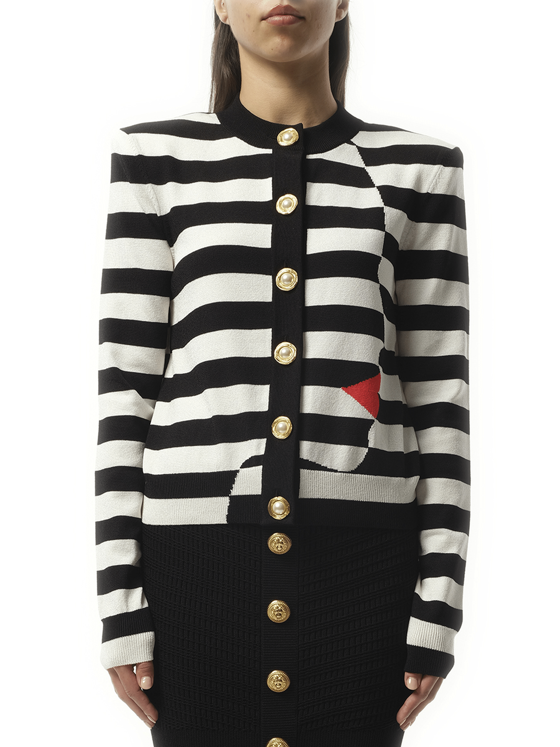 Image of a model wearing Outerwear. Productname: BALMAIN Buttoned Face Mariniere Knit Cardigan in Black White colour by brand - BALMAIN