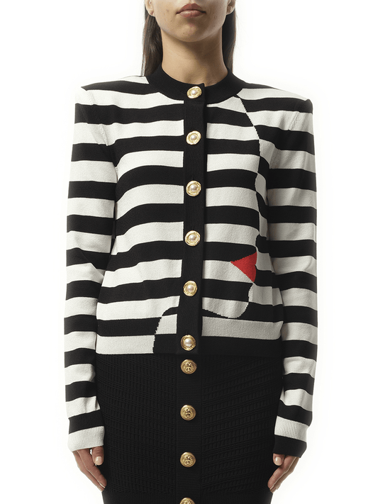 Image of a model wearing Outerwear. Productname: BALMAIN Buttoned Face Mariniere Knit Cardigan in Black White colour by brand - BALMAIN