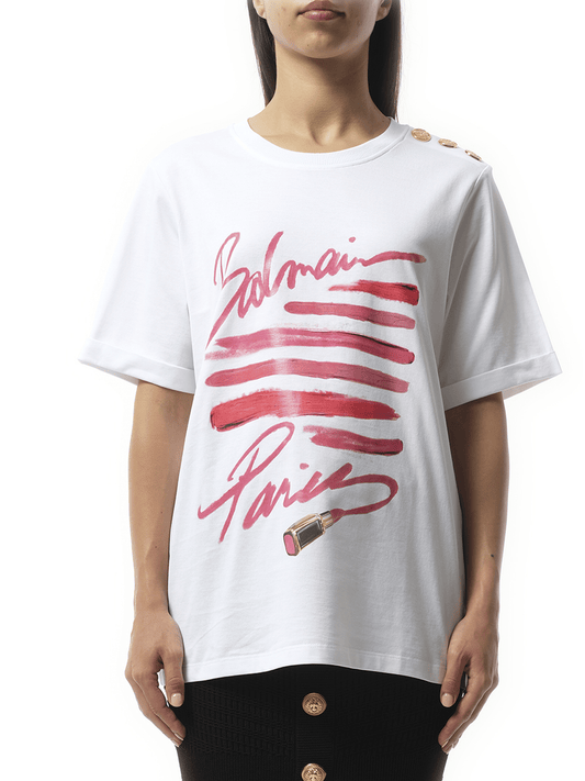 Image of a model wearing Tops. Productname: BALMAIN 3 Btn Balmain Lipstick Print T-Shirt in White colour by brand - BALMAIN