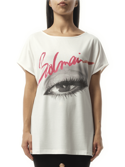 Image of a model wearing Tops. Productname: BALMAIN Boatneck Balmain Eye Print Top in White colour by brand - BALMAIN
