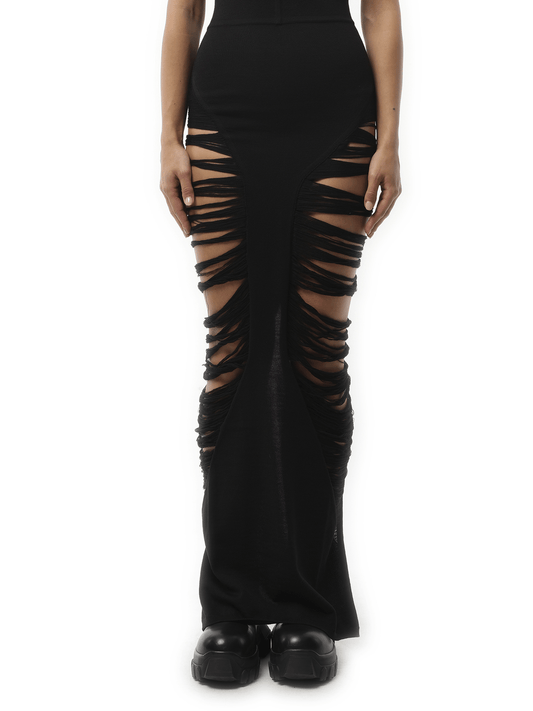 Image of a model wearing Skirts. Productname: RICK OWENS Pillar Skirt in Black colour by brand - RICK OWENS