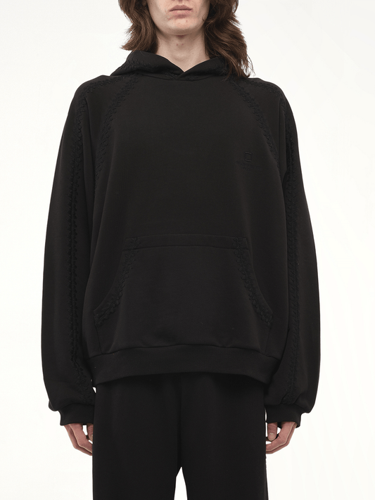 Image of a model wearing Outerwear. Productname: WOOYOUNGMI Whipstitch Hoodie in BLACK colour by brand - WOOYOUNGMI