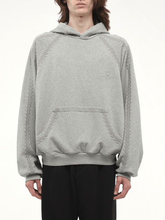 Image of a model wearing Outerwear. Productname: WOOYOUNGMI Whipstitch Hoodie in GREY colour by brand - WOOYOUNGMI