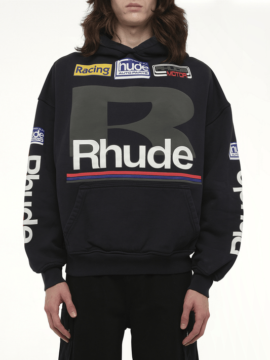 Image of a model wearing Outerwear. Productname: RHUDE Petrol Patch Hoodie in BLACK colour by brand - RHUDE