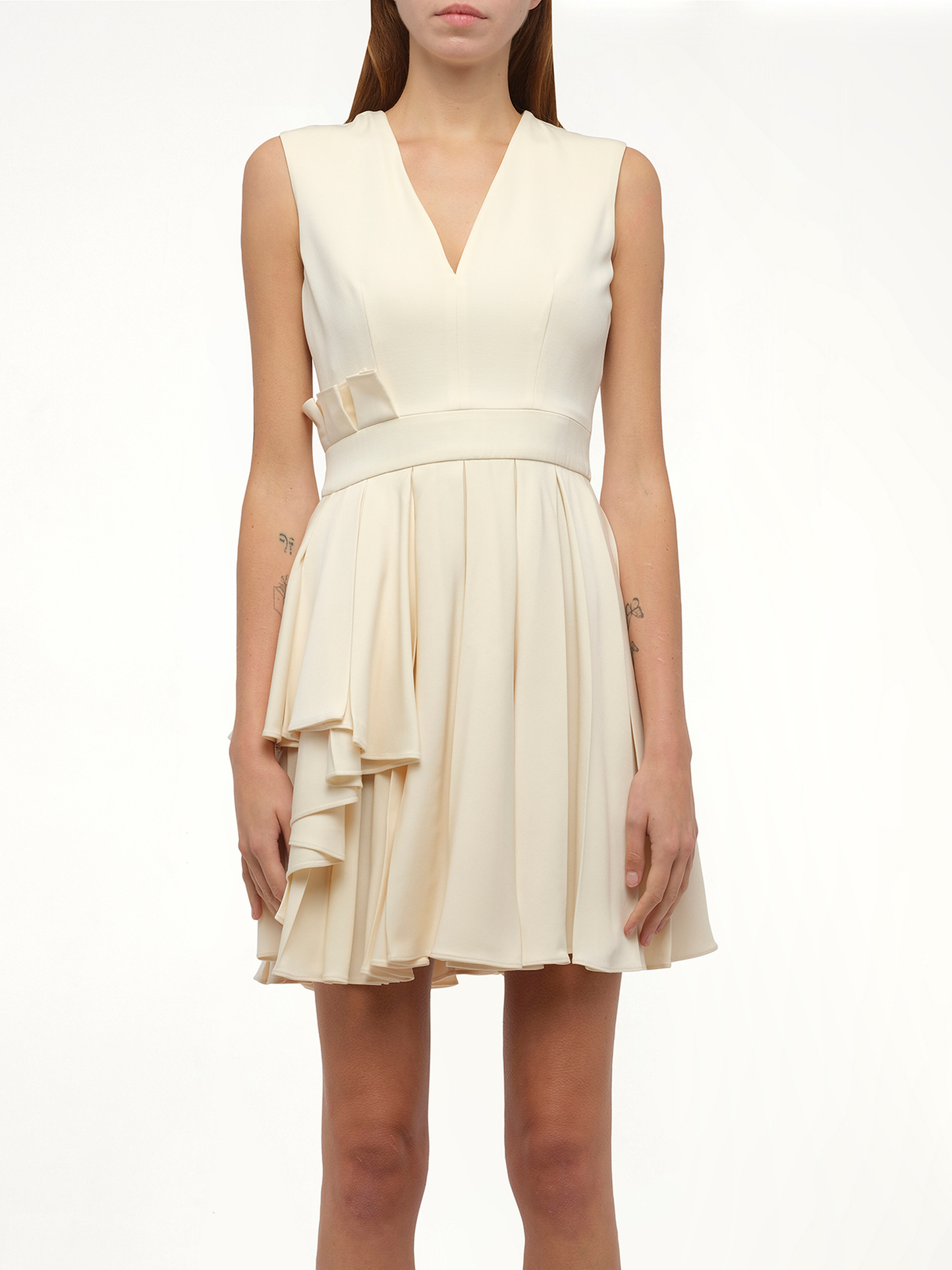 Image of a model wearing Dress. Productname: ALEXANDER MCQUEEN Fold Mini Dress in White colour by brand - ALEXANDER MCQUEEN