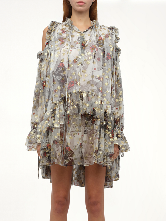 Image of a model wearing Dress. Productname: ALEXANDER MCQUEEN Jacquard Mini Dress in Ivory colour by brand - ALEXANDER MCQUEEN