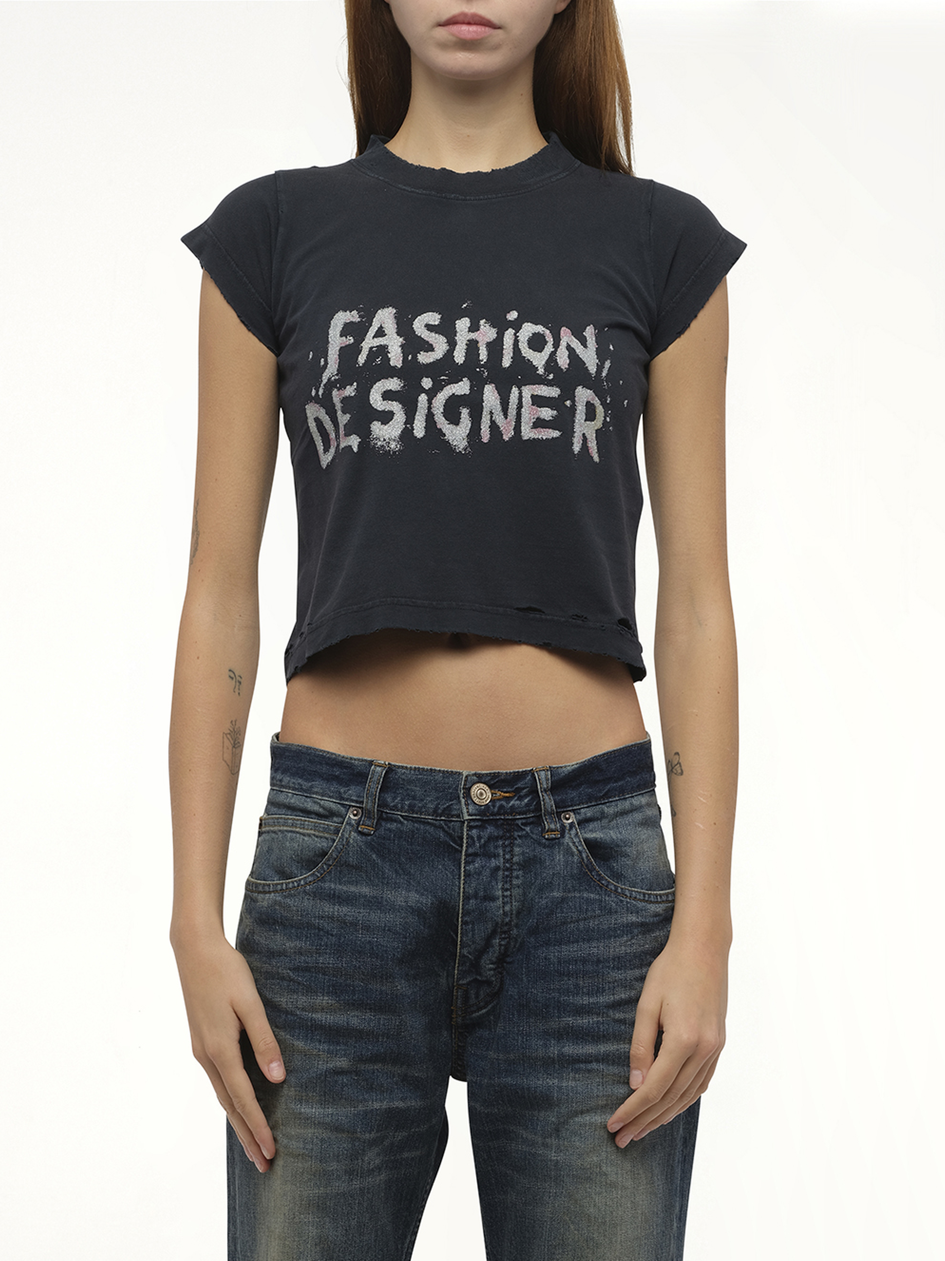 Image of a model wearing Tops. Productname: BALENCIAGA Shrunk T-Shirt in Black colour by brand - BALENCIAGA