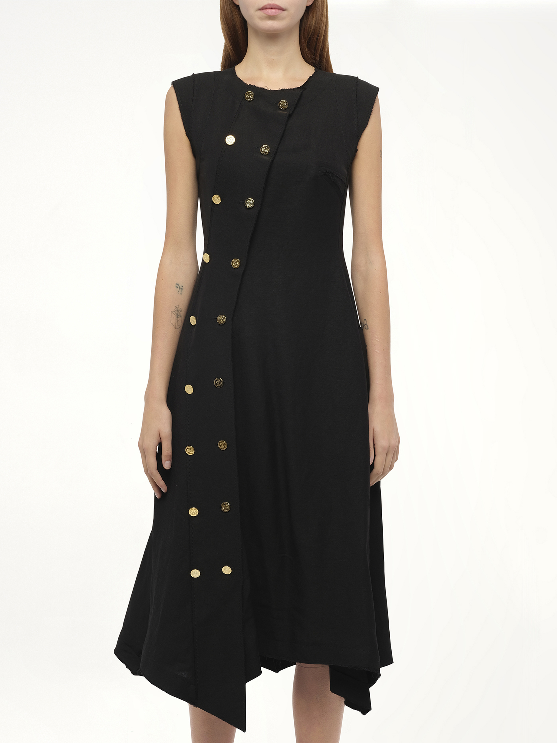 Image of a model wearing Dress. Productname: LOEWE Gold Button Sleeveless Dress in Black colour by brand - LOEWE