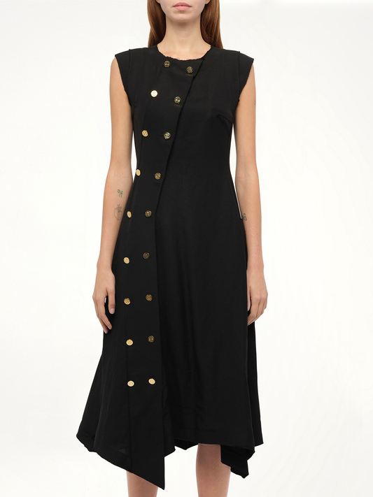 Image of a model wearing Dress. Productname: LOEWE Gold Button Sleeveless Dress in Black colour by brand - LOEWE