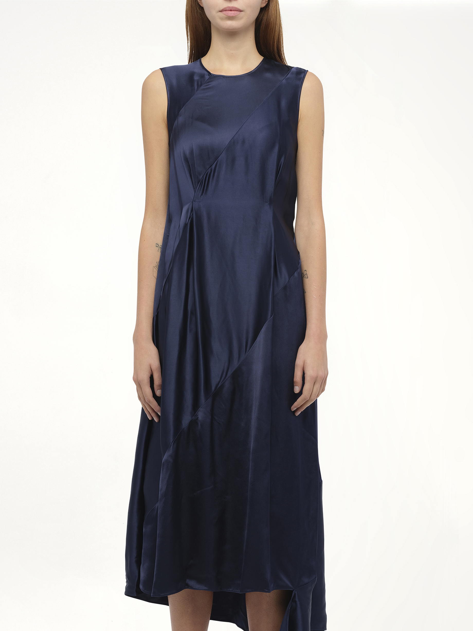 Image of a model wearing Dress. Productname: LOEWE Sleeveless Satin Dress in Navy colour by brand - LOEWE